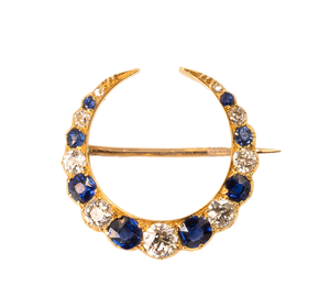 *NEW* Victorian Sapphire & Diamond Crescent Moon Brooch in 18ct Yellow Gold
