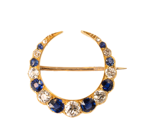 *NEW* Victorian Sapphire & Diamond Crescent Moon Brooch in 18ct Yellow Gold