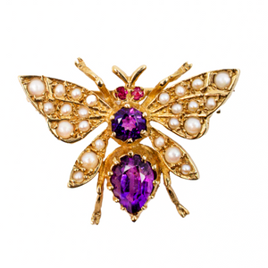 Vintage Amethyst, Pearl & Ruby Butterfly Brooch in 9ct Yellow Gold