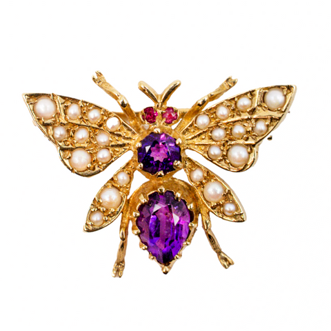Vintage Amethyst, Pearl & Ruby Butterfly Brooch in 9ct Yellow Gold