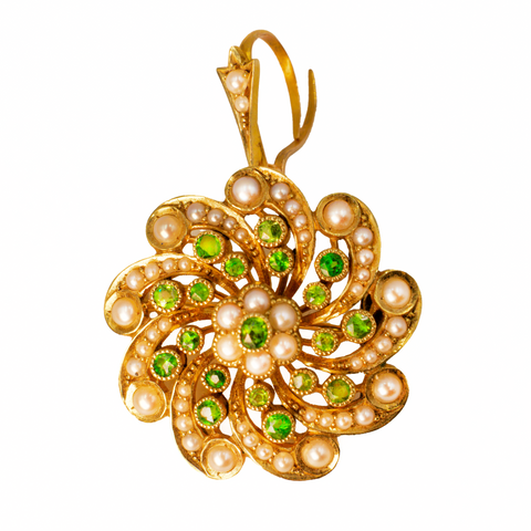 Victorian Demantoid Green Garnet & Pearl Drop Brooch in 15ct Yellow Gold