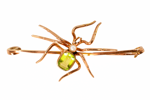 Edwardian Peridot & Pearl Spider Brooch in 9ct Gold