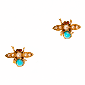 Edwardian Turquoise & Pearl Bug Earrings in 18ct Yellow Gold