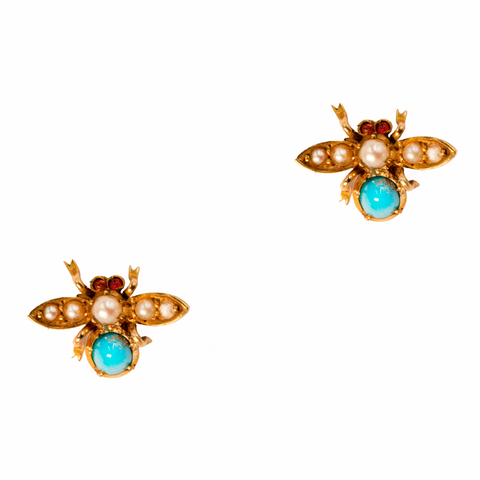 Edwardian Turquoise & Pearl Bug Earrings in 18ct Yellow Gold