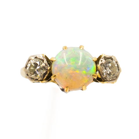 *NEW* Art Deco Opal & Diamond 3-Stone Ring set in 18ct Yellow Gold