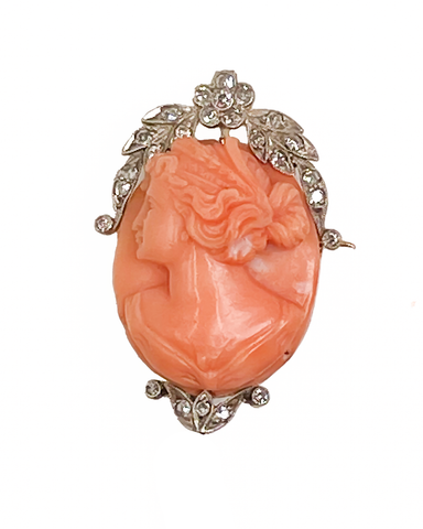 *NEW* Victoria Coral Italian Cameo Brooch with Diamonds in 18ct Yellow Gold