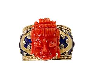 *NEW* Vintage Buddha Carved Coral, Enamel & Diamond Cocktail Ring in 18ct Yellow Gold