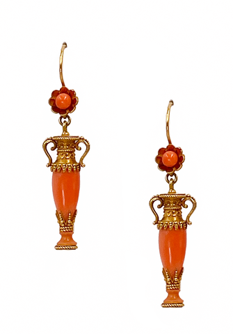 *NEW* Victorian Italian Coral Urn Drop Earrings in 18ct Yellow Gold