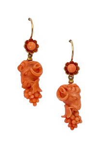 *NEW* Victorian Bulls & Grapes Carved Coral Italian Drop Earrings in 18ct Yellow Gold