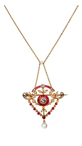 *NEW* Ruby and Diamond Necklace and Brooch Set in 18ct Yellow Gold