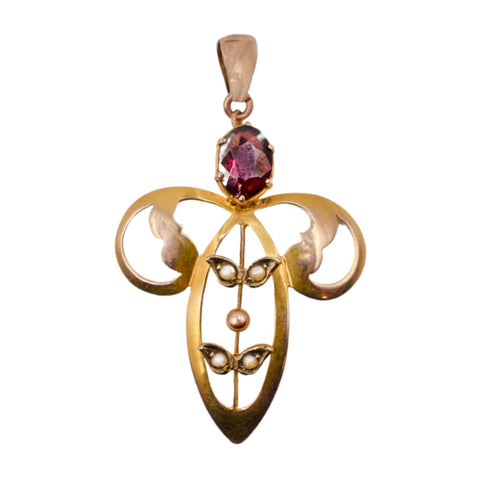 *NEW* Edwardian Garnet and Pearl Pendant in 9ct Yellow Gold