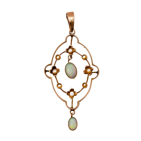 *NEW* Edwardian Opal and Pearl Drop Pendant in 9ct Yellow Gold